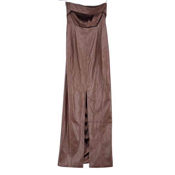 Oh‎ Polly Brown Faux Leather Strapless Maxi Dress with Slit - US 4 UK 8 - Picture 2 of 7